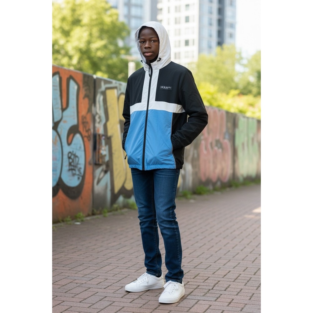 Sonneti London Taron FZ Wind Hood Jacket Mens Medium Black White Blue Colorblock